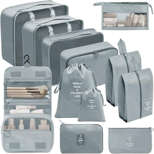Chijoo 12 teiliges Koffer Organizer Set (Grau) – Packing Cubes Set, Packwürfel, Reise Gadget