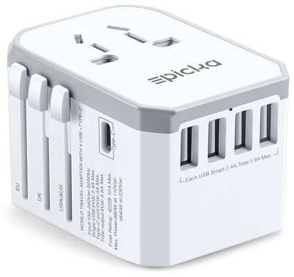 EPICKA Adattatore Universale da Viaggio 28W, con 1 USB-C e 4 USB-A, Presa Internazionale per Germania Francia USA UK Giappone Thailandia Australia, Bianco