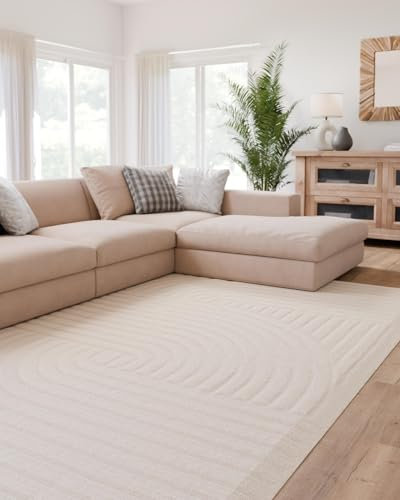 Interiyou Teppich Wohnzimmer Lecce - 120x170 cm Creme - Für Schlafzimmer, Esszimmer, Kinderzimmer - Kurzflorteppich skandinavisches Boho Muster - Hoch-Tief Effekt - Flach mit Geometrischem Muster