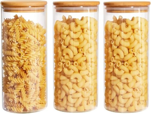 Bocaux en Verre Hermetique avec Couvercle, Lot de 3 1000ml Boîtes de Rangement en verre transparent avec couvercles, Bocal en Verre et Bambou pour biscuits, pâtes, farine, riz, thé
