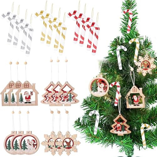TYXHXTF 24PCS Anhänger Weihnachten, Holz Weihnachtsdeko Anhänger, Weihnachten Deko, Schneeflocke Schneemann Elk Weihnachtsmann Weihnachtsschmuck Deko für Drinnen & Draußen