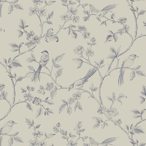 Yomshi Self Adhesive Wallpaper Beige and Blue Peel and Stick Wallpaper Bird Floral Pattern Vinyl Film 44x300CM Contact Paper Retro Style Sticky Back Plastic for Bedroom Living Room Bathroom