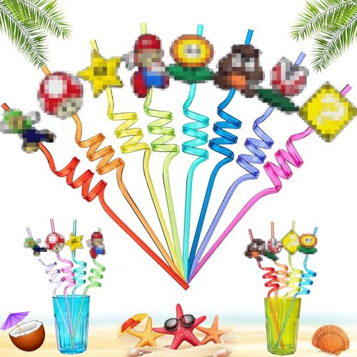 Reusable Straw, Pack of 8 Cartoon Straws for Children, Plastic Curly Straws, Birthday Party Straws, Reusable Straws, Decorations for Children's Birthday Parties