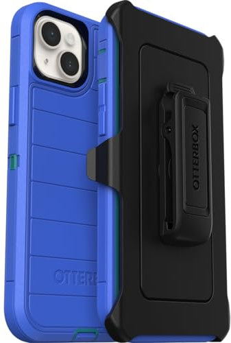OtterBox iPhone 15 Plus and iPhone 14 Plus Defender Series Pro Case - RAIN Check (Blue), screenless, Rugged & Durable, with Port Protection, Includes Holster Clip Kickstand