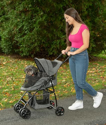 Pet Gear Happy Trails Lite Cat/Dog Stroller, Zipped Entry, Easy Folding | Entry without zipper, easy folding with removable liner, safety clip, storage basket + cup holder