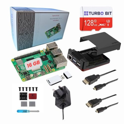 TurboBit Raspberry Pi 5 Performance Kit (Black, 16GB), ARGON Neo 5 Case (Active+Pasive Cooling), 128GB microSD, 27W 5.1V 5A USB C Power Supply, 2X HDMI Cables