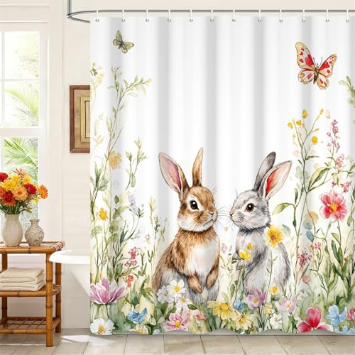 Kzzfqxb 180x200cm Duschvorhänge Karikatur Schöne Graue und Gelbe Kaninchen in Blumen, Wasserdichtes Polyester Gewebe mit Kunstst Offhaken, Süß Dekoration für Kinder Mädchen Baby Badezimmer Badewanne