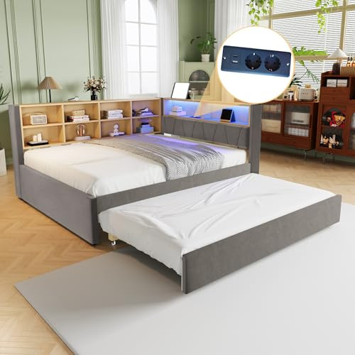 Ball & Cast Schlafsofa (140x200cm & 90 * 190cm) Tagesbett mit USB-Anschlüssen und Leuchten, Einzelbett mit Mehreren Ablagefächern, Ohne Matratze, Dunkelgrau