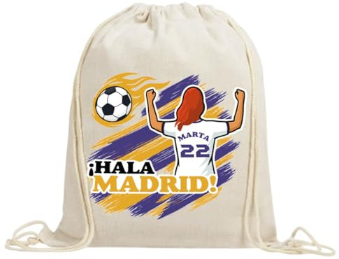 xulisimo Mochila saco personalizada para equipos de fútbol en algodón orgánico, con nombre, dorsal, género y pelo, ligera y resistente hasta 9 kg, ideal para niños y adultos (Madrid, Chico)