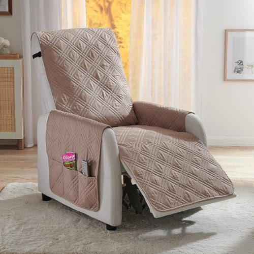 Coopers of Stortford - Burgundy Recliner Cover with Diamond Quilted Design - Water and Stain Resistant with Side Pockets and Secure Straps - Slip Resistant Backing for Snug Fit (Biscuit)
