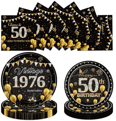 Luvart 50th Birthday Plates and Napkins Party Decor, 72PCS Vintage 1976 Birthday Tableware Set, Cheer to 50 Year Old Party Decorations Supplies for Women Men 24 Guests