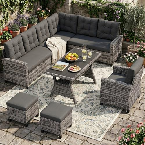 Amopatio 9 Seater Rattan Garden Corner Sofa Set, Patio Dining Set Conversation Set with WPC Dining Table & Storage Shelf & 8 cm Cushions, All-Weather Garden Furniture Conservatory Set, Grey & Grey