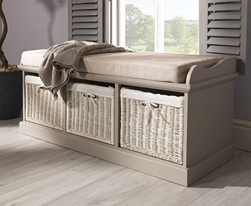 Tetbury Truffle Storage Bench with 3 white baskets. Hallway storage bench. Very Sturdy. Fully Assembled