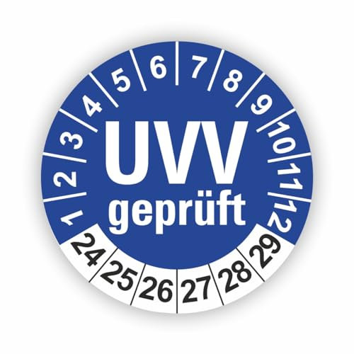 Fassbender-Druck PRÜFPLAKETTEN - Hochwertige Prüfetiketten UVV PRÜFUNG Ø 30mm - Selbstklebende PVC-Folie - Wartungsetiketten für Prüfung - Prüfplakette für Prüfungsnachweis (5 Stück)