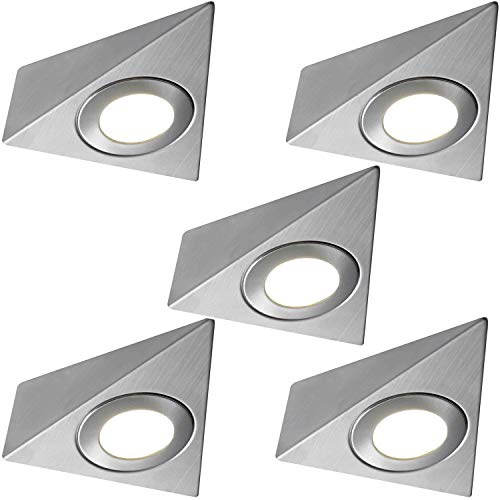 5 Pack | *240V Mains* LED Triangle Under Cabinet Kitchen Spotlights | Brushed Nickel & Warm White | Surface Mounted Light Fittings | Cupboard Worktop Counter Unit Lighting Kit | Loops