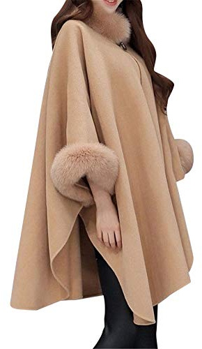 MISSMAO Hooded Faux-Pelz-Mantel Long Strickjacke Lange Ärmel Dicke Wollmischung Graben Outwear Cape Poncho-Mantel-Jacke