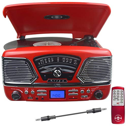 Steepletone Roxy 4 (DTL Version) Retro American Diner Style Music Centre, CD Player, Record Player, FM Radio, MP3 RECORDING: USB / SD – 25 watt PMPO, AUX IN/OUT, Headphone Socket (High Gloss Red)