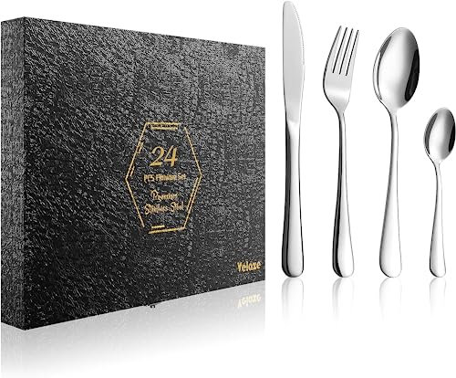 Velaze Besteck Set 6 Personen aus Premium-Edelstahl, Besteckset mit Schöner Geschenkbox, Spiegelpoliertes Design, Spülmaschinenfest, 24 Stück Besteck mit Gabel Löffel Messer für Haus Restaurant