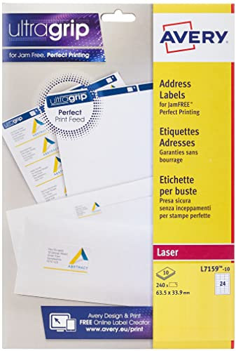 Avery L7159 Selbstklebende Adress-Adressetiketten (Amazon FBA Barcode-Etiketten), Laserdrucker, 24 Etiketten pro A4-Blatt, 240 Etiketten, UltraGrip