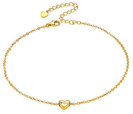 Silvora S925 Silber Damen Fußketten mit Klein Herz Anhänger Personalisiert Gravur Damen Fußkettchen 18K Vergoldet Feine Fußketten für Damen 22CM+5CM Verlängerkette