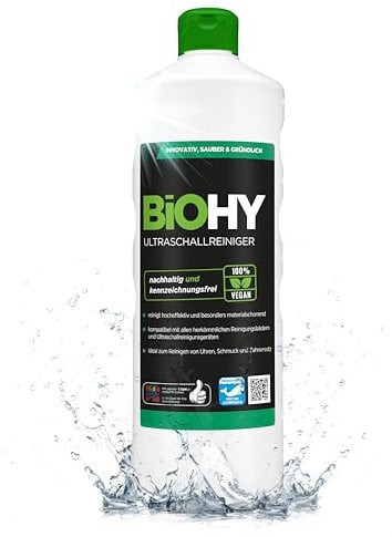 BiOHY Ultraschallreiniger (1l Flasche) | intensive und materialschonende Reinigung von Dentalprodukten, Gold, Münzen und Schmuck | KONZENTRAT für Ultraschallbad | streifenfreier Glanz