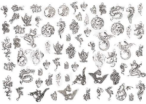 70Pcs/Set Silver Pendant Charms, Jewelry Making Charms Dragon Pattern Silver Metal Charms Pendants DIY for Necklace Bracelet Jewelry Making