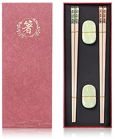 Youda Baguettes en Alliage avec Support, Ensemble-Cadeau Chinois Japonaises, Lave-Vaisselle, Réutilisable (2 Paires & Repose-Baguettes en Céramique)