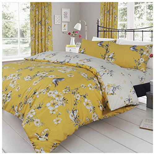 GC GAVENO CAVAILIA Birdie Blossom Parure de lit réversible de Luxe, Facile d'entretien, Douce et Confortable, Polycotton, Ocre, King (230 x 220cm)