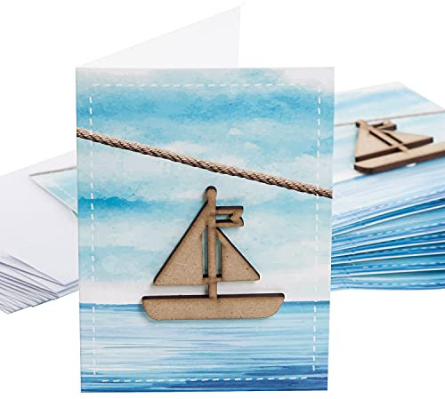 Logbuch-Verlag 10 Geburtstagskarten Einladungskarten mit Holzschiff - Karte blau natur mit Kuvert - Motiv Meer Boot Wasser