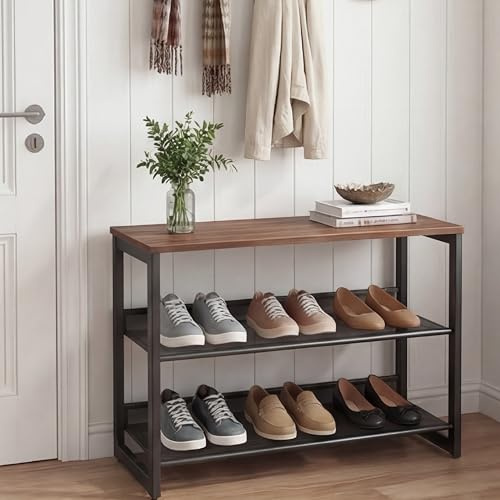 Garden 4 you Schuhregal für den Eingangsbereich, 3 Etagen, 30 cm D x 63,5 cm B x 50,8 cm H, Metall-Schuhregal mit brauner Holztischplatte, abgewinkeltes Schuhregal mit verstellbaren Netzablagen für