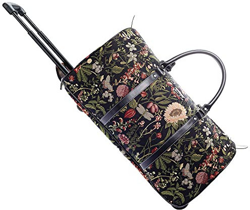 Signare Gobelin-Reisetasche, Übernachtungstaschen, Wochenendtasche mit Rad für Damen, mit Gartenblumen und Kreaturen (Morning Garden Black, Pull-MGDBK)