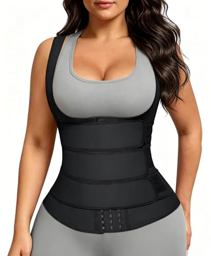 FeelinGirl Waist Trainer Vest Waist Cincher Corset | Latex, 3 Belts, Hooks Steel Bones