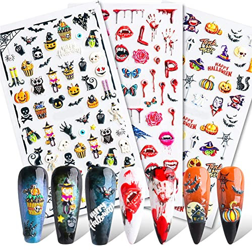 5D Halloween Nail Art Stickers Stereoscopic Embossed Nail Art Stickers Decals with Adhesive 5D Halloween Sticker Decoration for Women Girl Children Kids