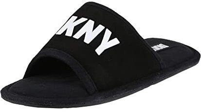 DKNY Herren Slider Slider Slipper in Schwarz mit kontrastierendem weißem Markenaufdruck, Kalbsleder-Wildleder und Stofffutter, Größe 43/44, Schwarz, 42/44 EU