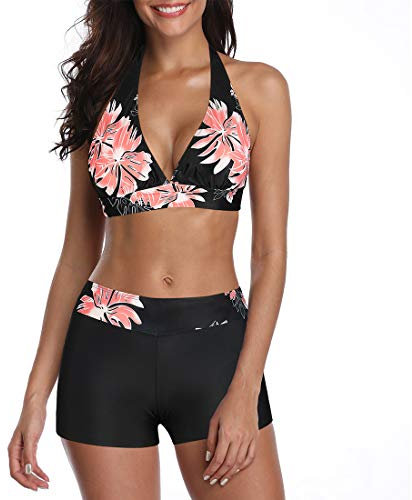 Century Star Maillot de bain sexy pour femme - Maillot de bain 2 pièces avec short - Mode de plage push-up, Motif fleurs - Rose, 40