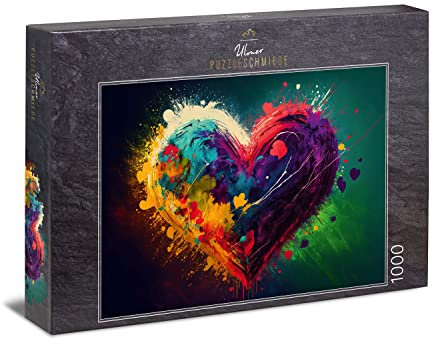 Ulmer Puzzleschmiede - Herz-Puzzle Colors of Love - Farbenreiche Herz-Illustration als 1000 Teile Puzzle - Knalliges Puzzlemotiv aus der Kollektion Farben & Fantasy, Made in Germany