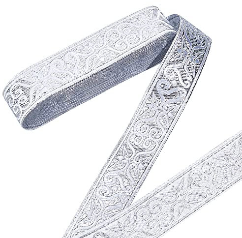 NBEADS 7m Silber Jacquard Ribbon Trim, 3.3 cm breit Boho Woven Trim Ethnische Blumenband Stickerei Polyester Flachband für DIY Handwerk Kleidung Accessoires Dekorationen