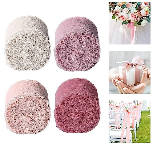 HAOMEEDUO 4 Rollen Chiffonband Breit 3.7cm Seidenband Bänder Chiffon Schleifenband Chiffon Geschenkband 5 Yards Satinband Fransenband 4 Farben Band mit Fransen für Blumenstrauß Geschenke Verpackung