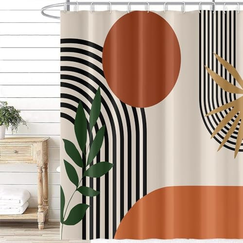 Uiiooazy Rideau Douche Terracotta, Rideau de Douche Anti Moisissure 180x220cm Orange Abstrait Boheme Rideaux de Baignoire Tissu Lavable Imperméable Polyester Rideaux Salle de Bain avec 12 Crochets