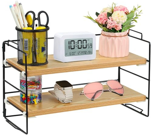 JIIKOOAI Desk Shelf Organizer, 2 Tier Desk Storage Organizer, Adjustable Desktop Display Shelf, Multipurpose Bookcase Stand for Office, Home, and Countertop Storage
