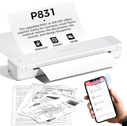 PhoFuta Mobiler Drucker - Bluetooth Drucker Klein für Handy Tragbarer Drucker, Upgraded 300dpi Unterstützt Mehreren Größen Kopierpapier und Thermopapier, Mobiler Drucker A4 für Unterwegs und Reise