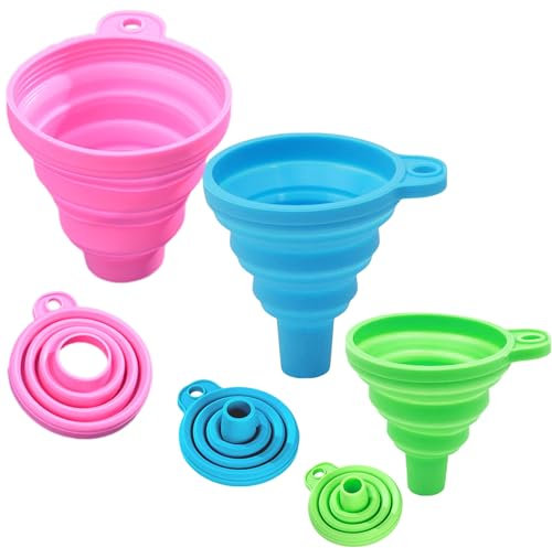 KINDOYO Set of 3 Foldable Funnels - Soft Silicone Gel Funnel Collapsible Funnel Cooking Kitchen Accessories Gadgets (Blue + Green + Pink)