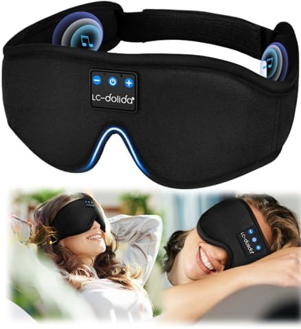 LC-dolida Schlafmaske mit Bluetooth Schlafkopfhörer für Frauen und Herren, Schlafbrille 100% Lichtblockierende Atmungsaktives Material aus Eisseide Augenmaske mit Ohrhörern für Reisen Yoga Meditation
