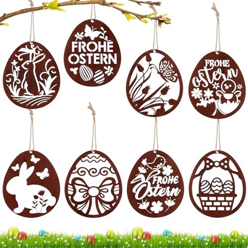 Ostern Basteln Holz, 8 Stück Ostereier, Holzanhänger Osteranhänger Eier, Dekoaufhänger Ostern, Osterschmuck aus Holz zum Aufhängen, Ostereier zum Aufhängen mit Schnur Osterdeko Geschenkanhänger