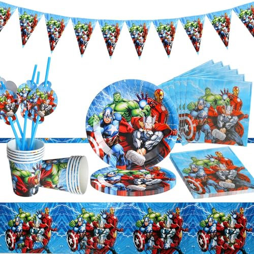 GUBOOM 52PCS Vajilla Fiesta Cumpleaños, Decoración de Cumpleaños de Superheroes, Vajilla Fiesta Incluir, Platos, Tazas, Mantel, Servilletas, Pancarta, Paja - 10 Invitados