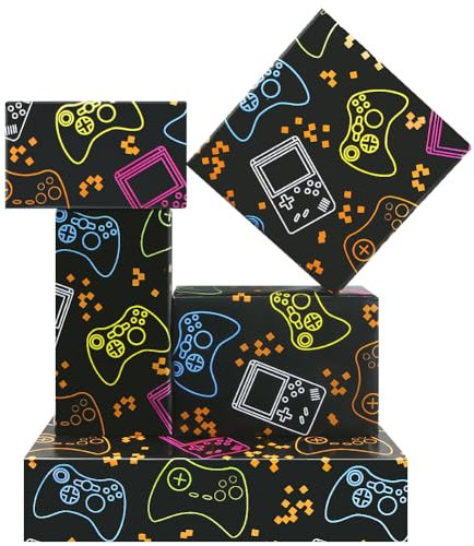 Gaming Geburtstags Geschenkpapier für Kinder, Jungen, Mädchen, Männer, 4 Blatt Geschenkpapier im Videospiel-Design, Neonlichter Gamer Geschenkpapier, 50 x 70 cm pro Blatt für Geburtstagsspielparty