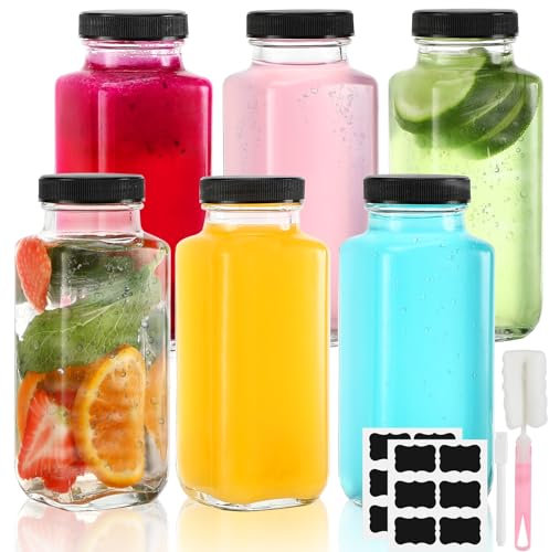 Rubessia Lot de 6 Petite Bouteille en Verre avec Bouchon, Bouteille Verre 250ml, Bouteilles Miniatures avec Pinceau, étiquette et Stylo, Bouteille Arrangé Vide, Mignonette Vide, pour le Gingembre