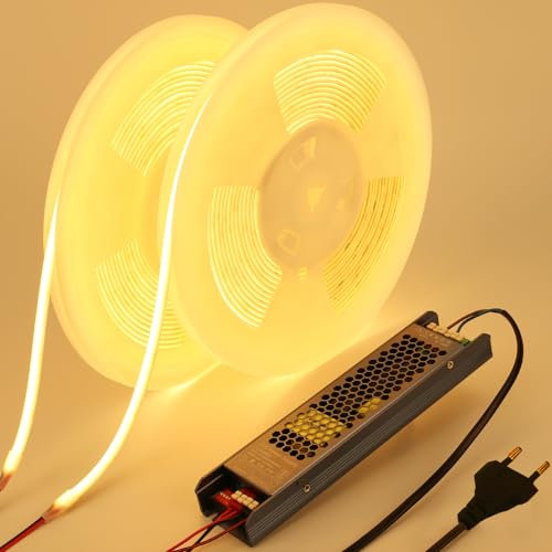 BENLUN 24V Ruban LED COB Diffus 20M (10M x 2), Bande LED 3000K Blanc Chaud Exterieur Silicone Laiteux Etanche, CRI 93 160W Bandeau LED Adhésif avec Alimentation pour Décoration Chambre