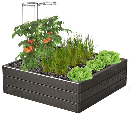 botle Jardinera de flores, bancal alto, jardinera antracita, imitación de madera, 75,6 x 75,6 x 25 cm, perfecta para plantar flores, cultivar plantas y hierbas