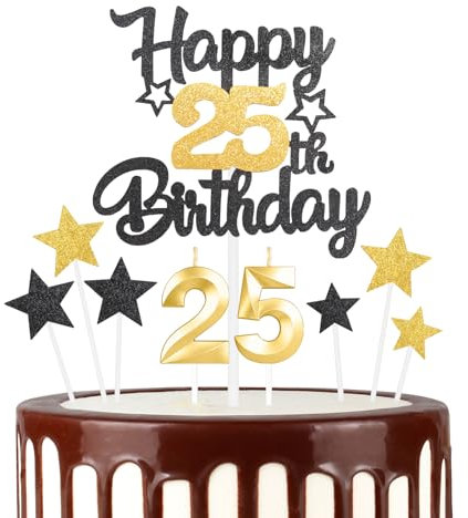 Black Gold 25th Happy Birthday Candles Cake Toppers Set, Number 25 Candle for Cake, Gold Candles for Women Men Birthday Decorations, Star Cake Toppers for Girls Boys Birthday Party Wedding Anniversary